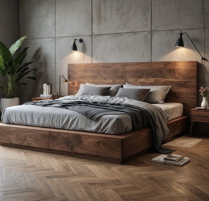 Solid wood bed with upholstered headboard, custom-built