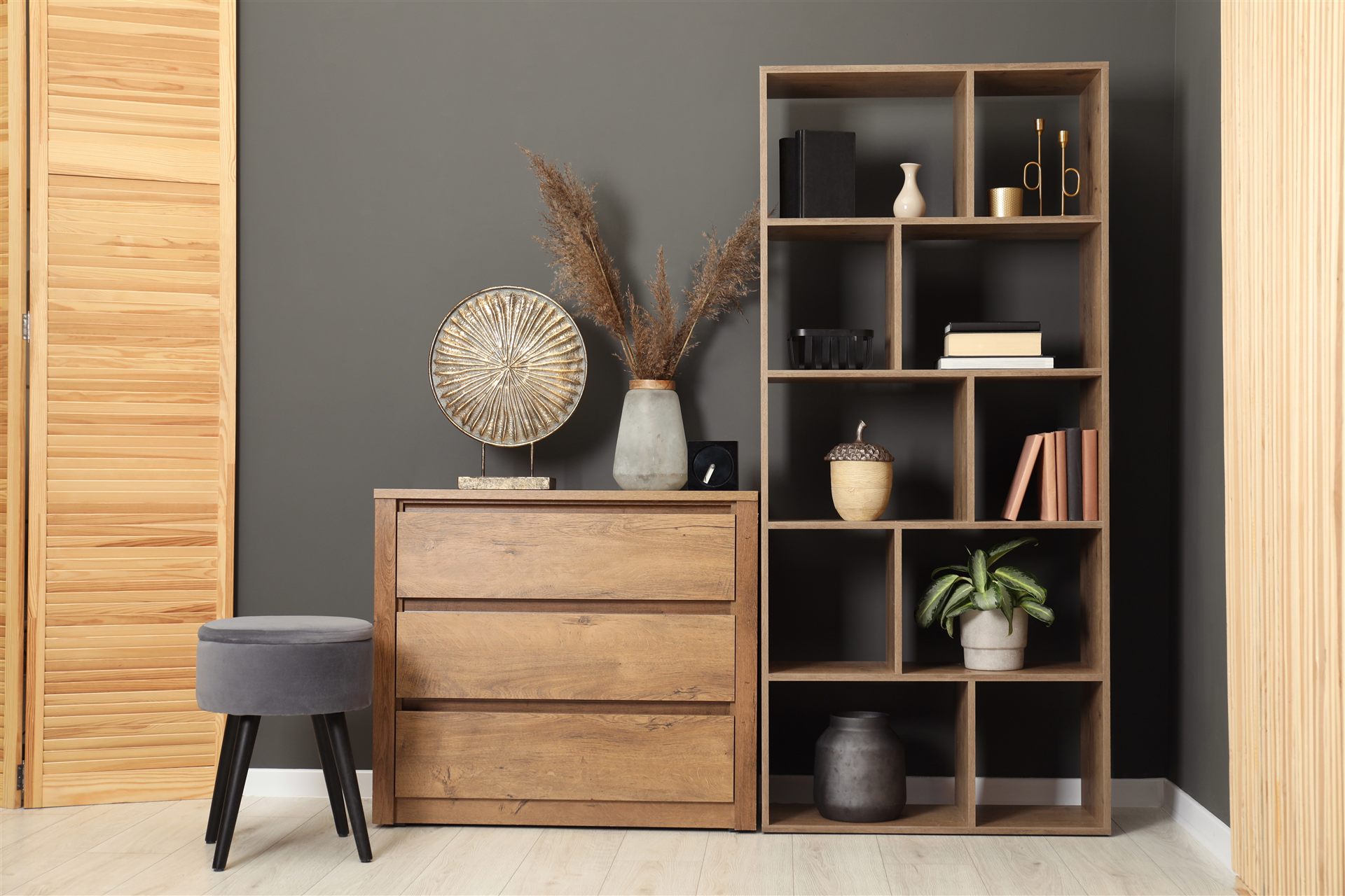 Cozy home interior styled with custom wooden furniture