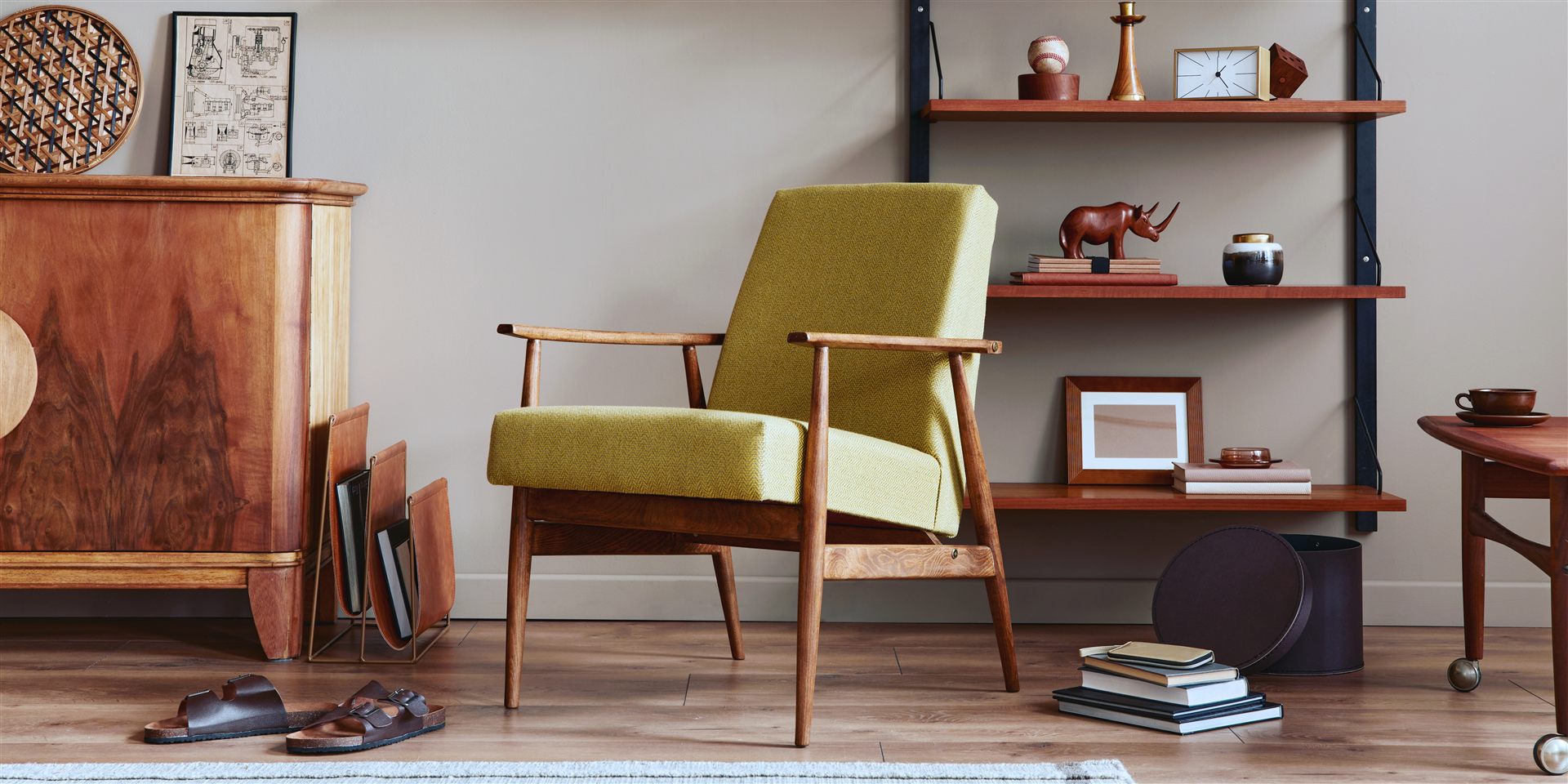 Stylish mid-century modern armchair in living room decor