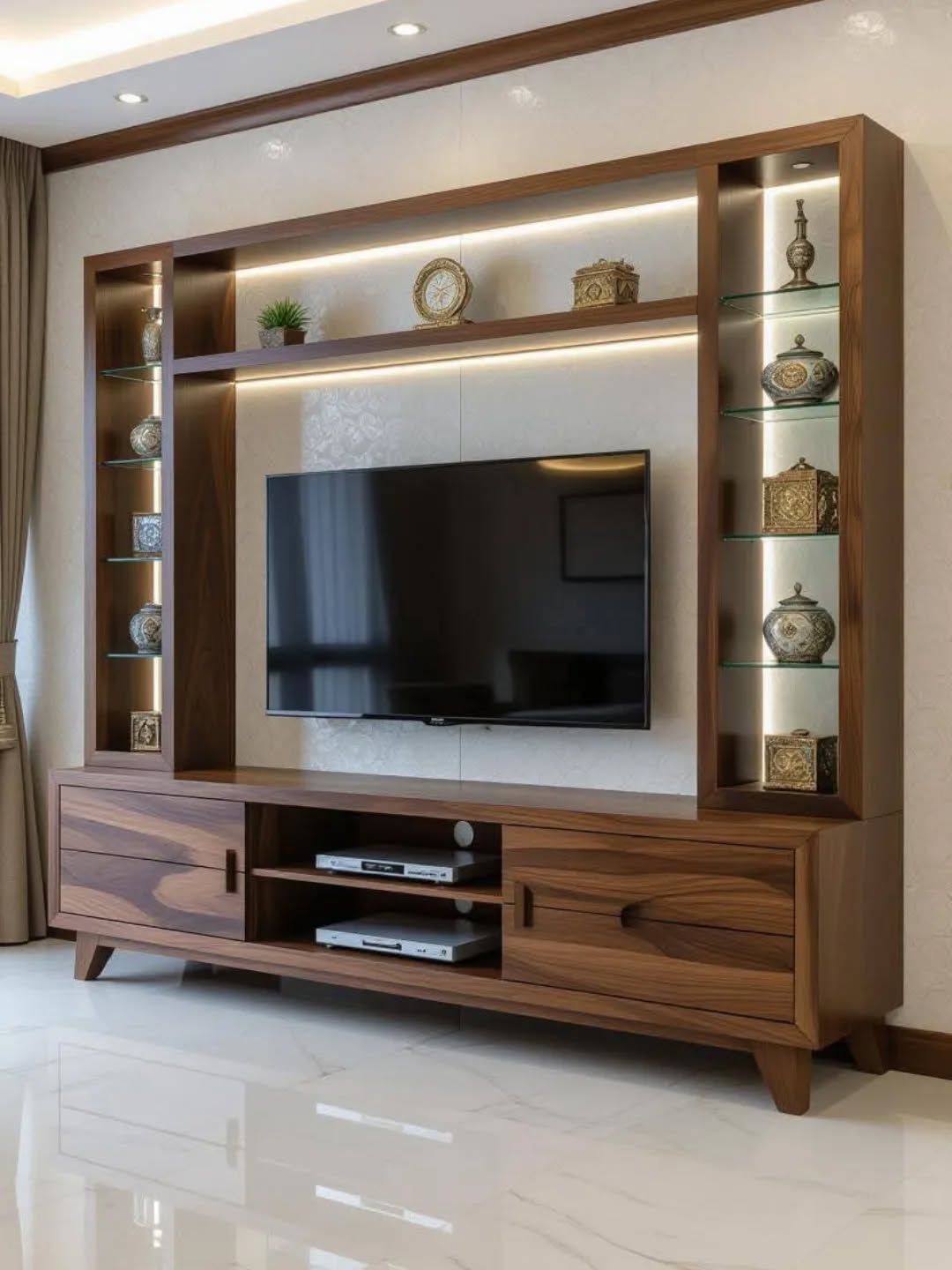Floating wooden TV unit with closed storage cabinets